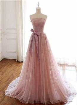 Picture of Simple Pink Fashionable Scoop Tulle Long Wedding Party Dresses with Bow, Pink Long Formal Dresses